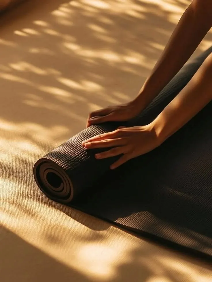 Hands rolling a yoga mat in warm sunlight